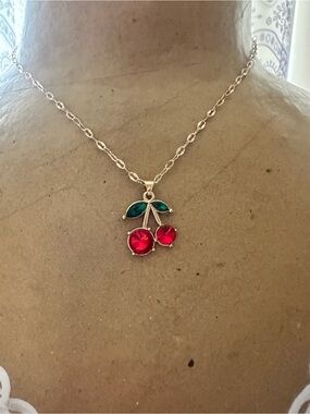 Gold Cherry Pendant Necklace with Red and Green Stones